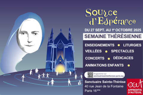 Bandeau présentation Semaine Thérésienne. Visage de Thérèse avec la chapelle et les dates.
